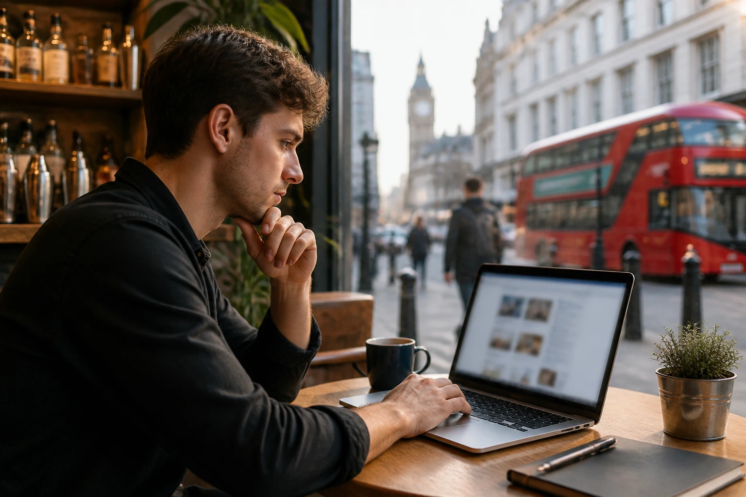 Person researching visa sponsorship bartender jobs at a cafe with laptop.