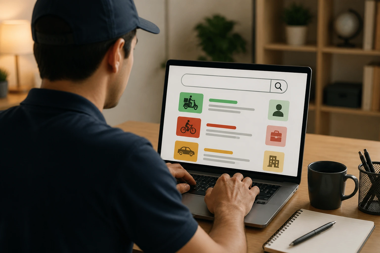 Person at a desk using a laptop with abstract search icons on screen