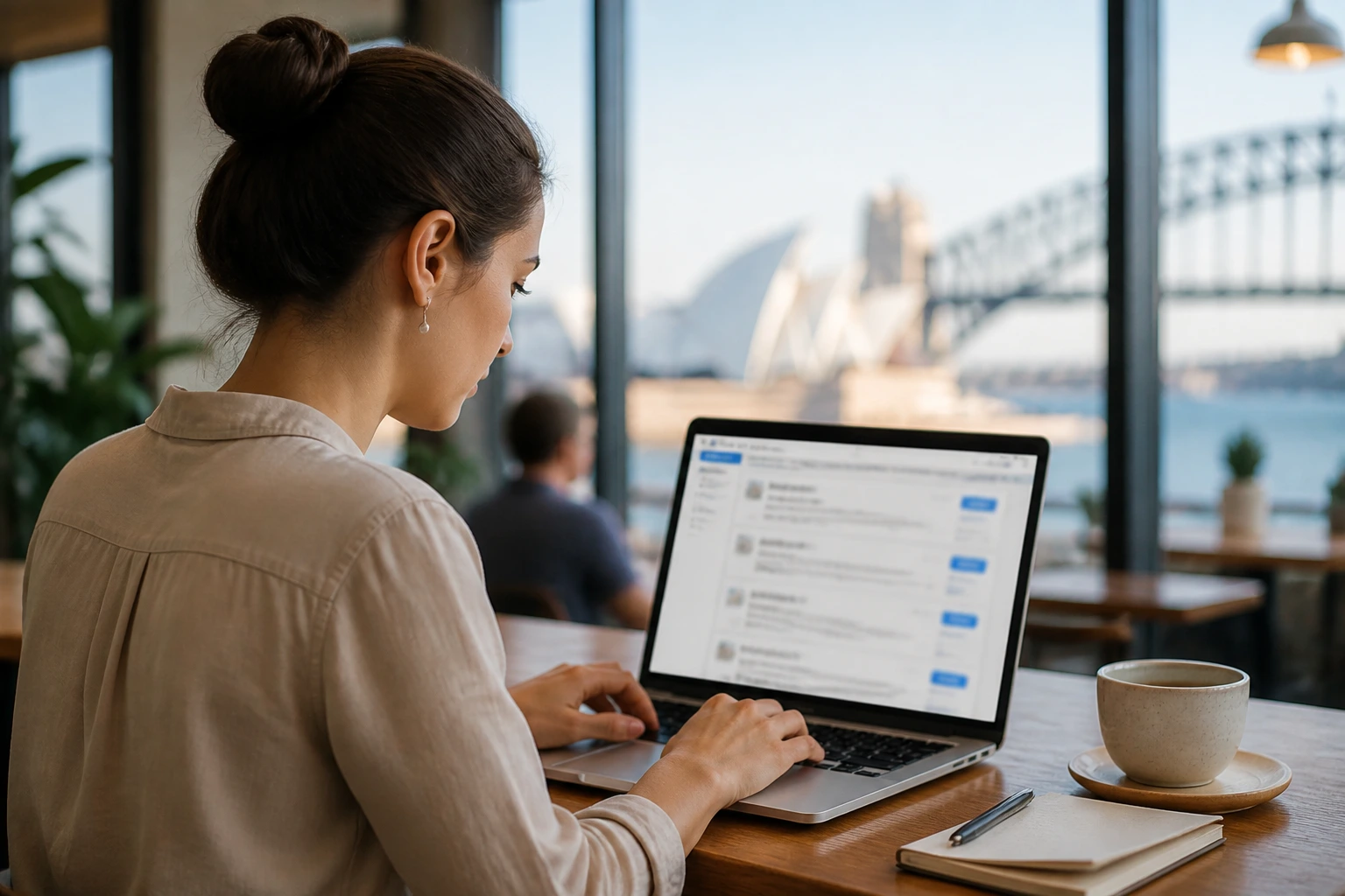 Person at cafe laptop exploring job listings with blurred screen
