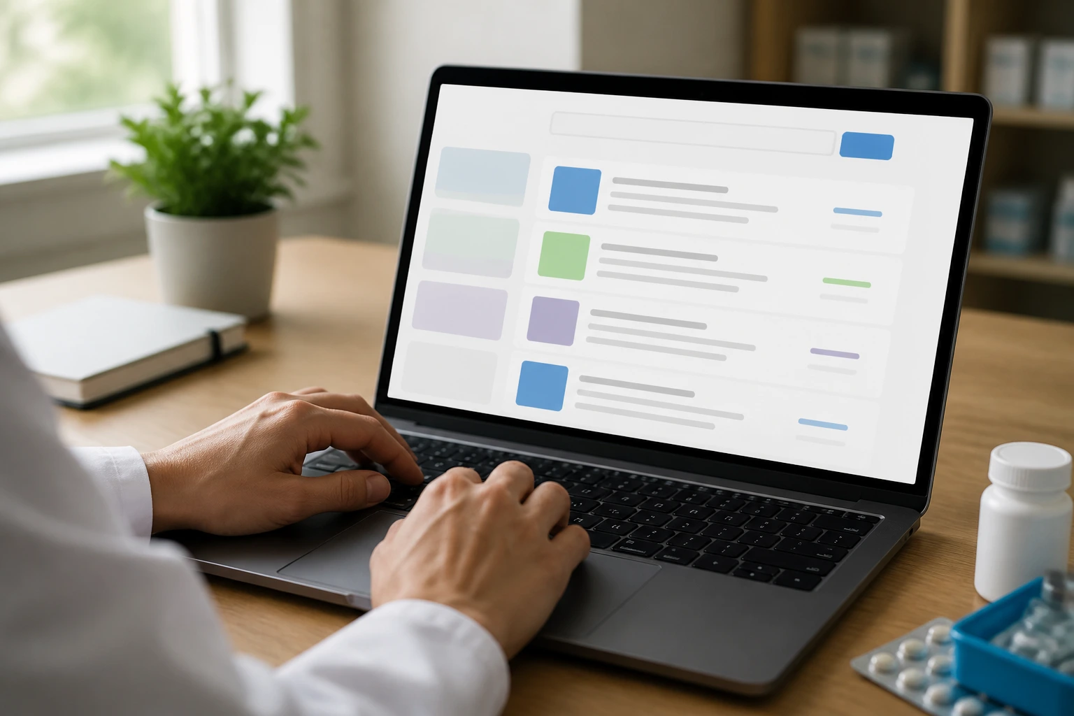 Hand typing on laptop with abstract non-text search results on screen