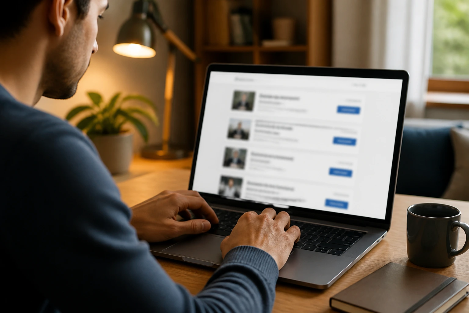 Job seeker typing on laptop with blurred job listings on screen