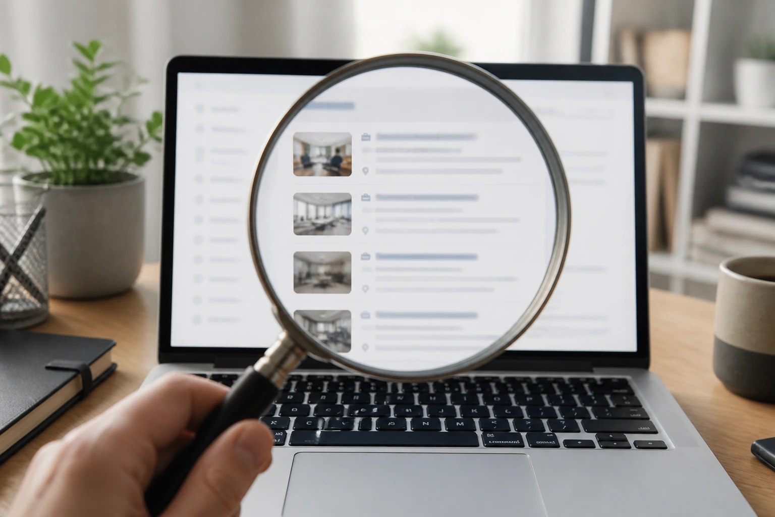 Close-up of a magnifying glass over blurred search results on a laptop, symbolizing focused job search.