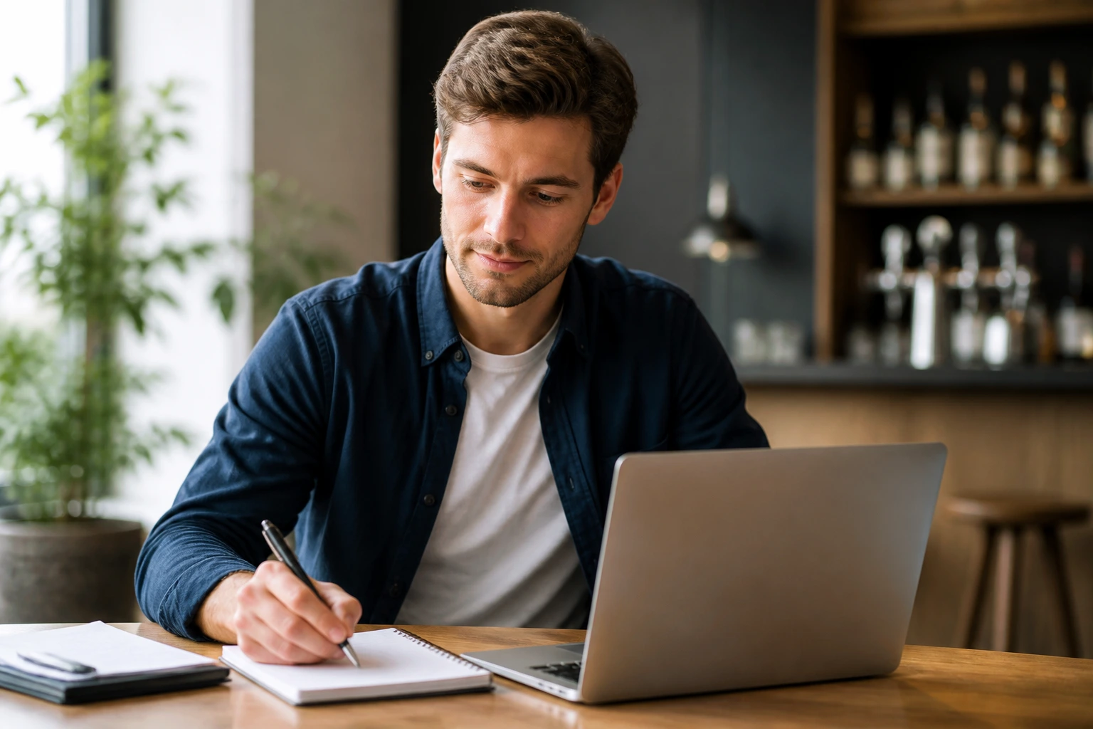 Job seeker planning steps at desk in modern workspace.