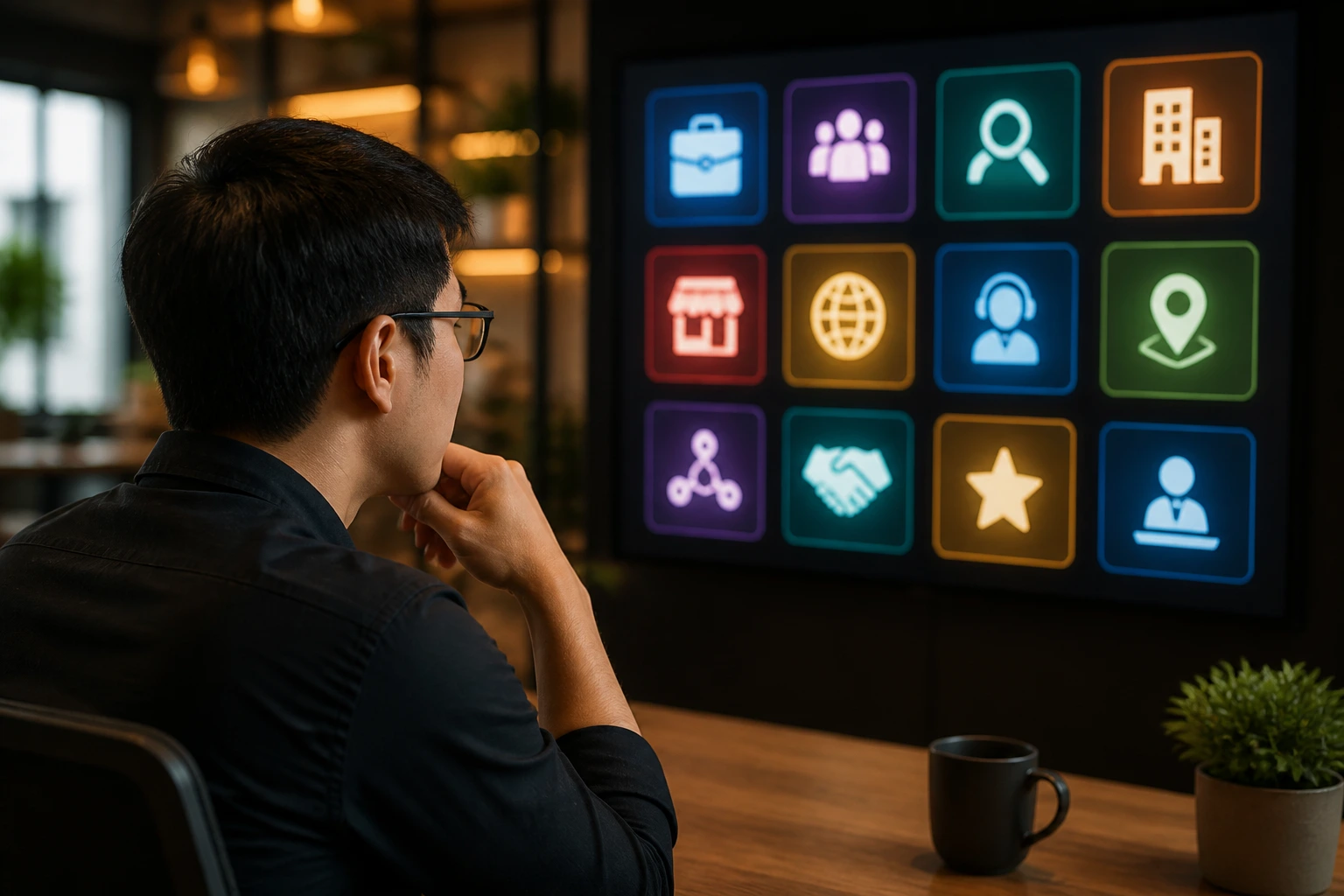 Close-up of a person examining digital job boards on screens in a cafe-office setting