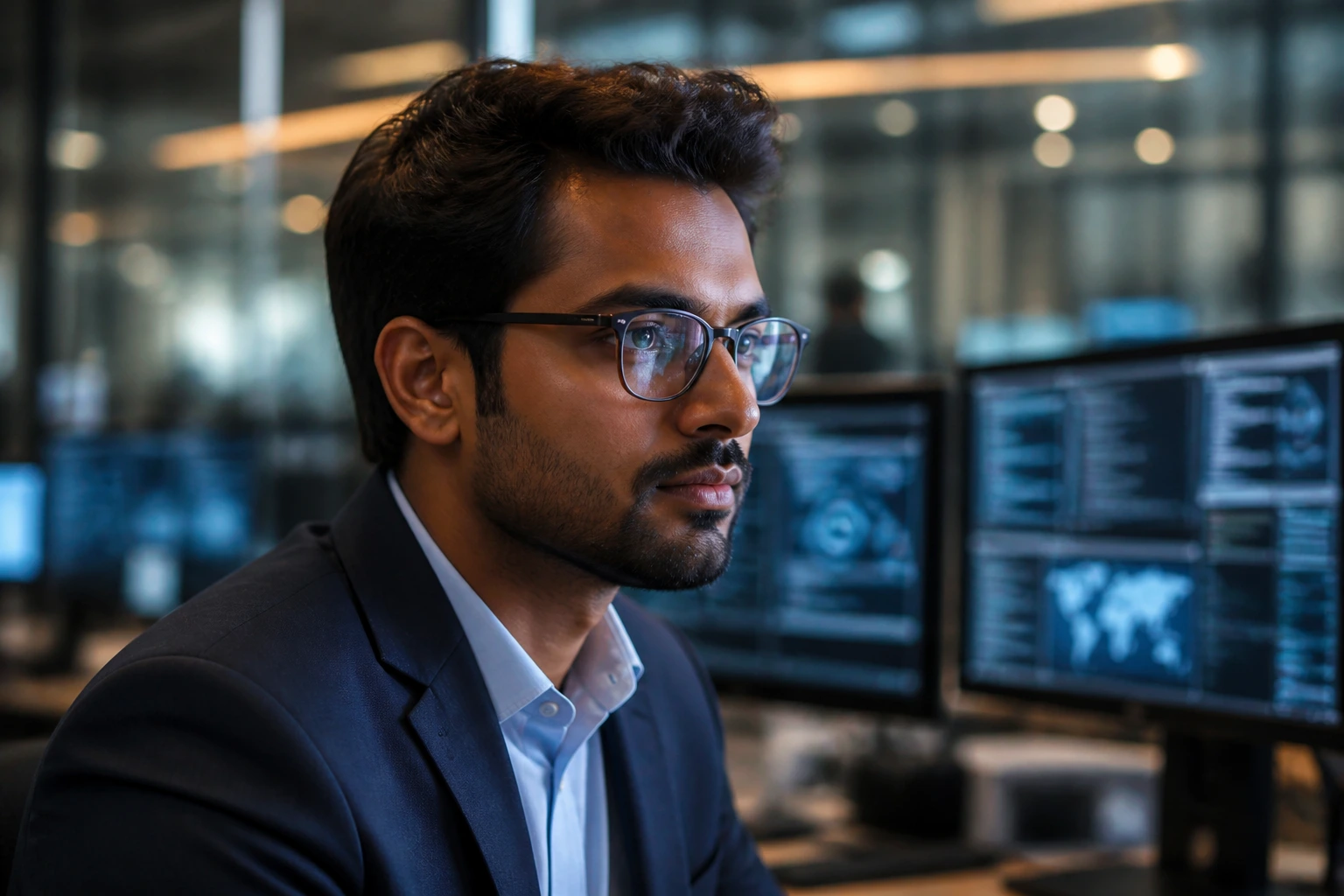 Close-up portrait of a cybersecurity specialist in a financial-tech office environment, representing JPMorgan Chase sponsorship