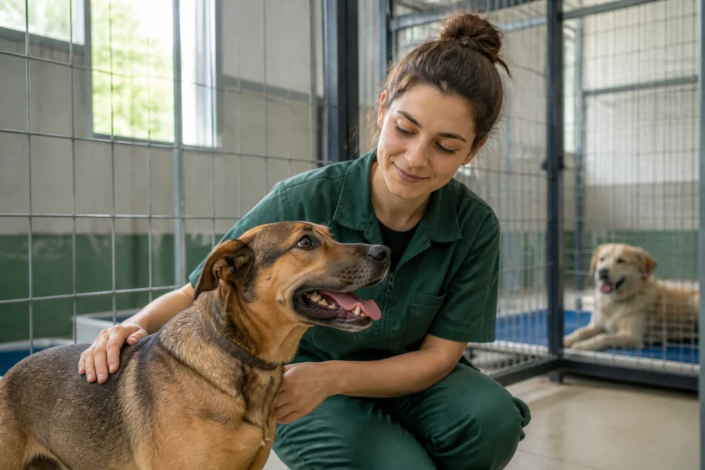 Worker in kennel area supervising a dog, showing a formal animal-care role with potential sponsorship