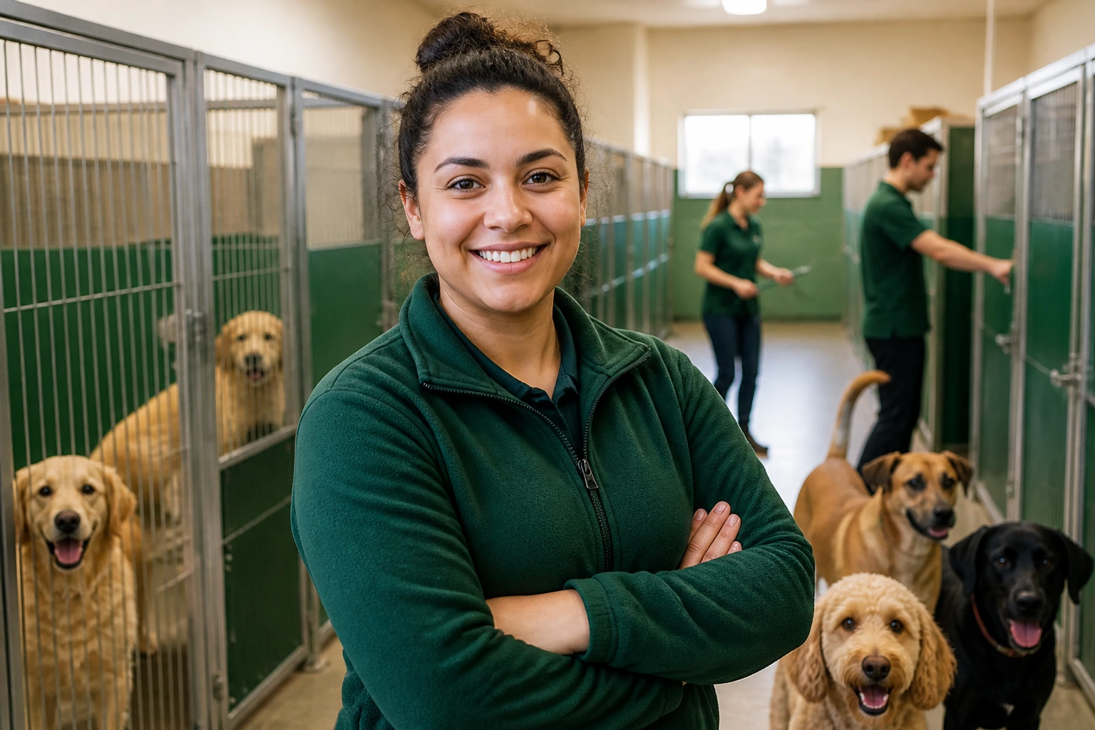 Kennel supervisor in a dog boarding facility with dogs nearby