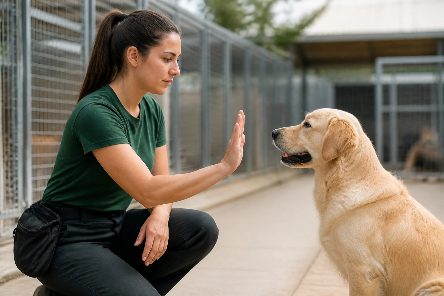 Applicant demonstrating kennel safety drill with a dog during a practical interview scenario