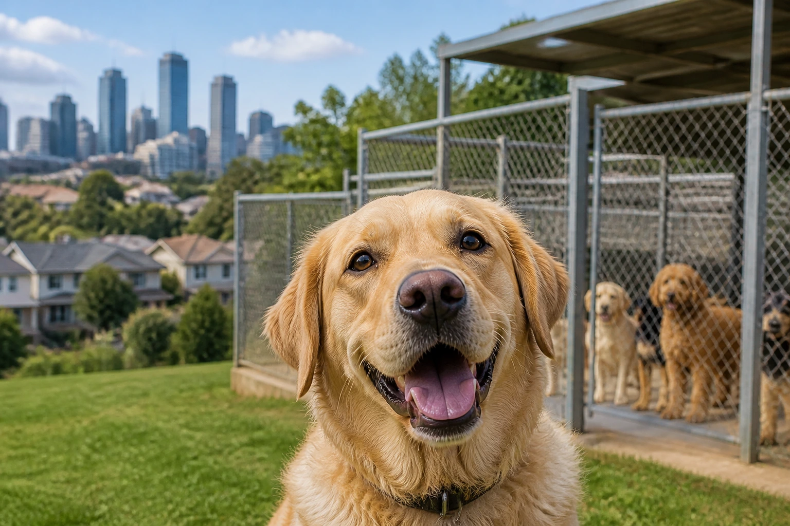 Dog in front of kennel with suburban background