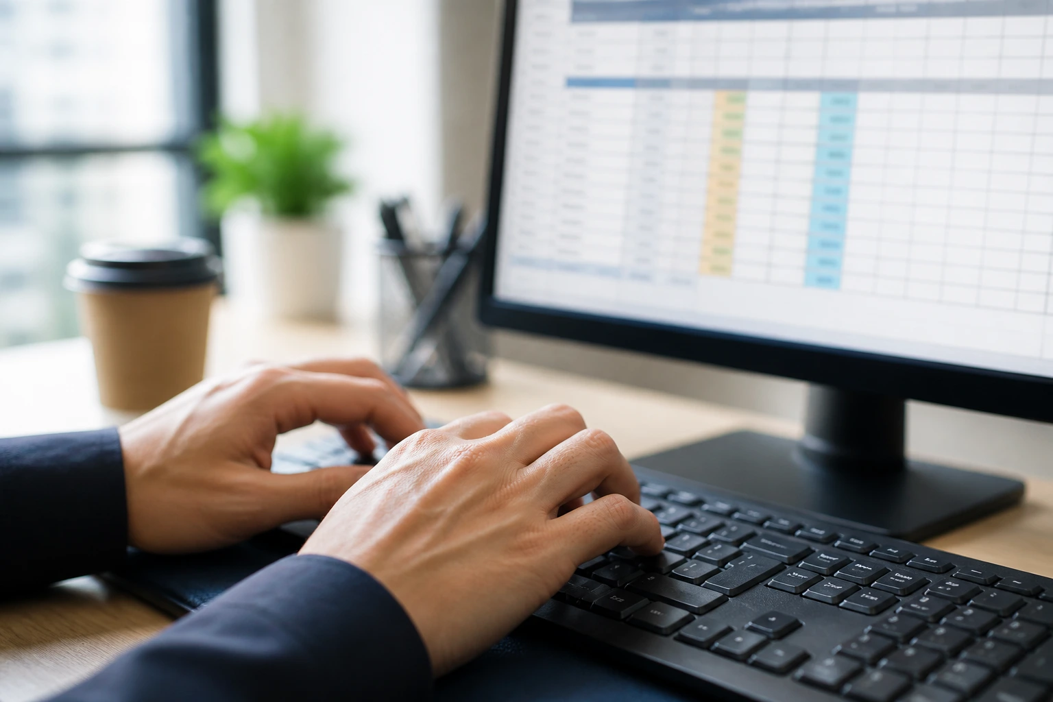 Hands on keyboard with a blurred spreadsheet grid on monitor, in a bright office