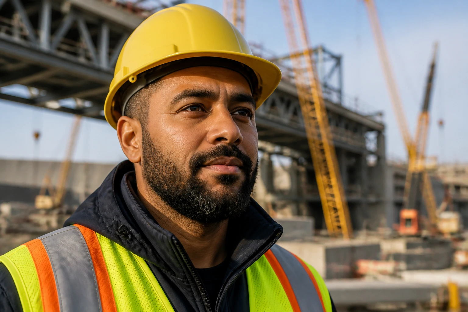 Close-up portrait of a construction worker on a Canadian site wearing safety gear.