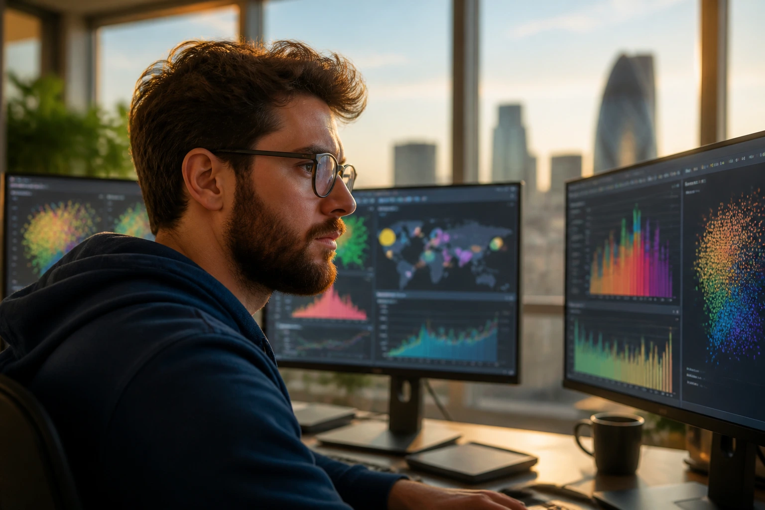 Close-up portrait of a software engineer in a London office with data visualizations on screens