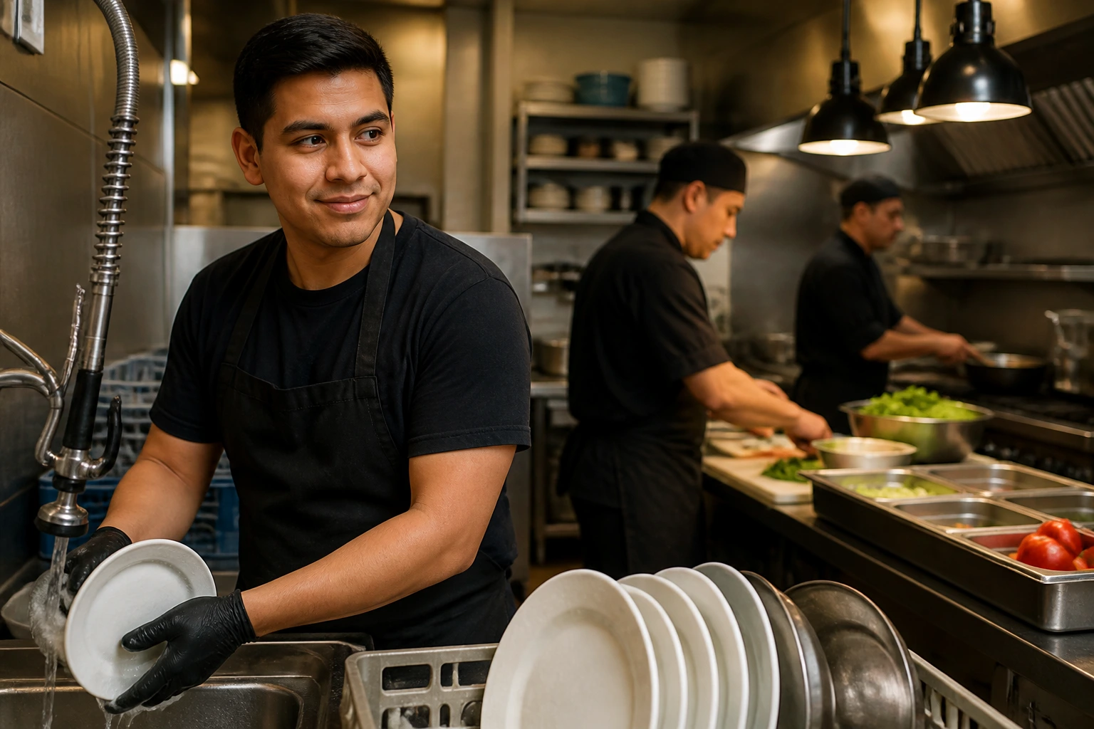 Kitchen worker at a dishwashing station with an organized prep area in the background.