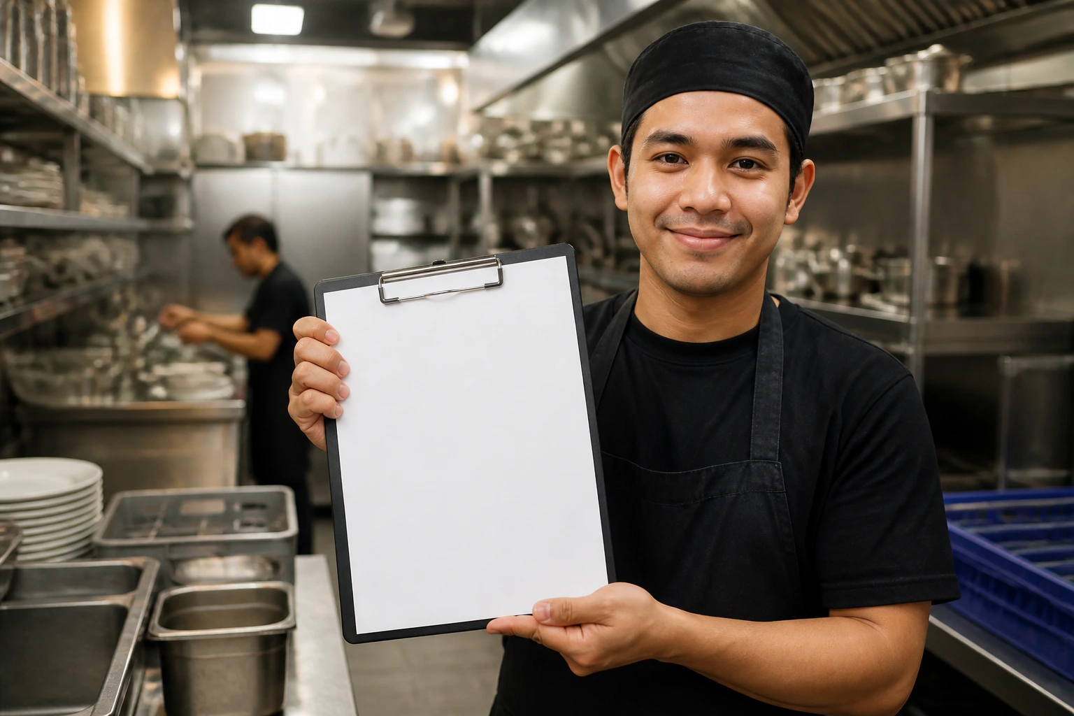 Real person in kitchen with blank clipboard ready to present a CV format