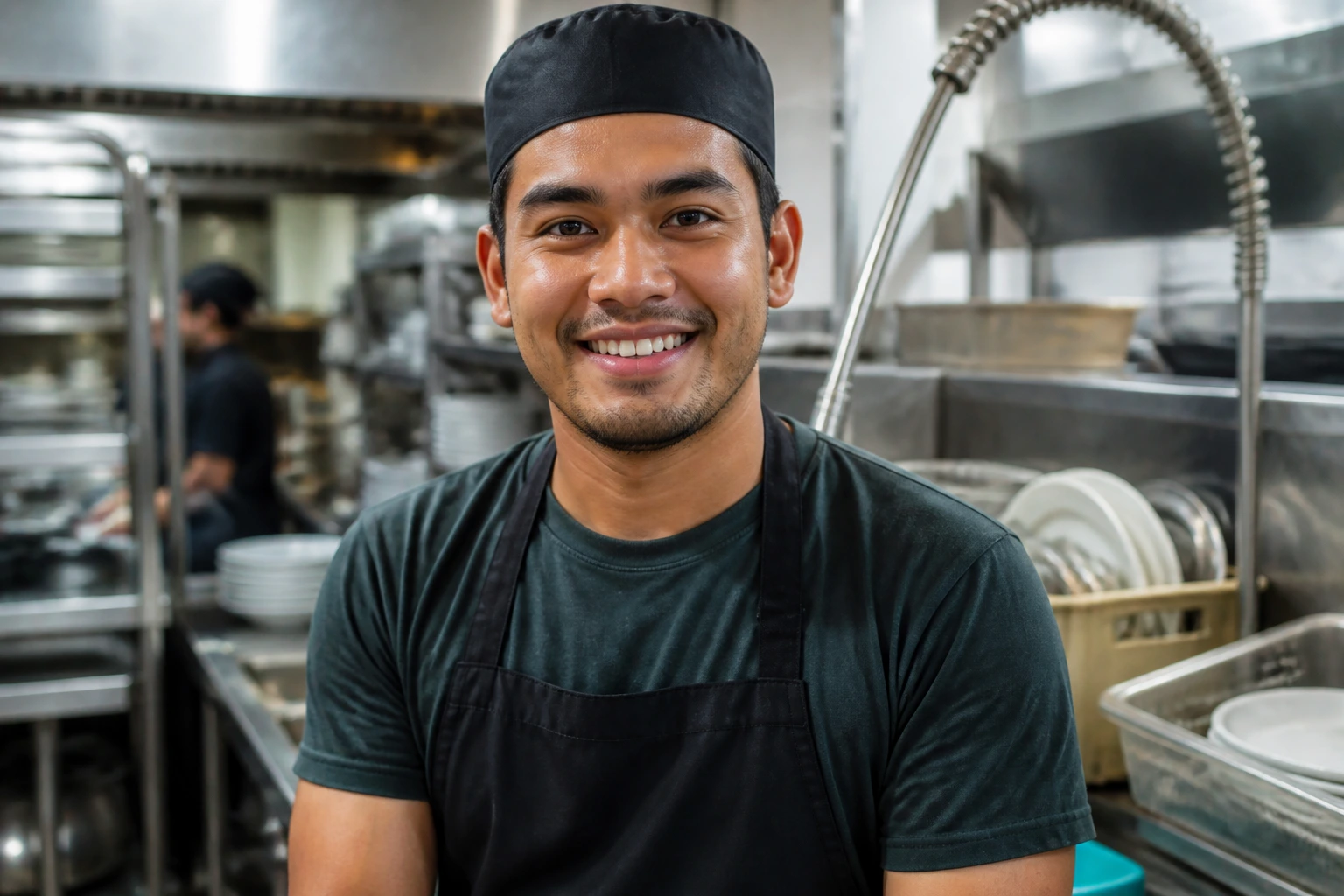Medium close-up of a real kitchen worker representing alternative titles used for dishwashing roles