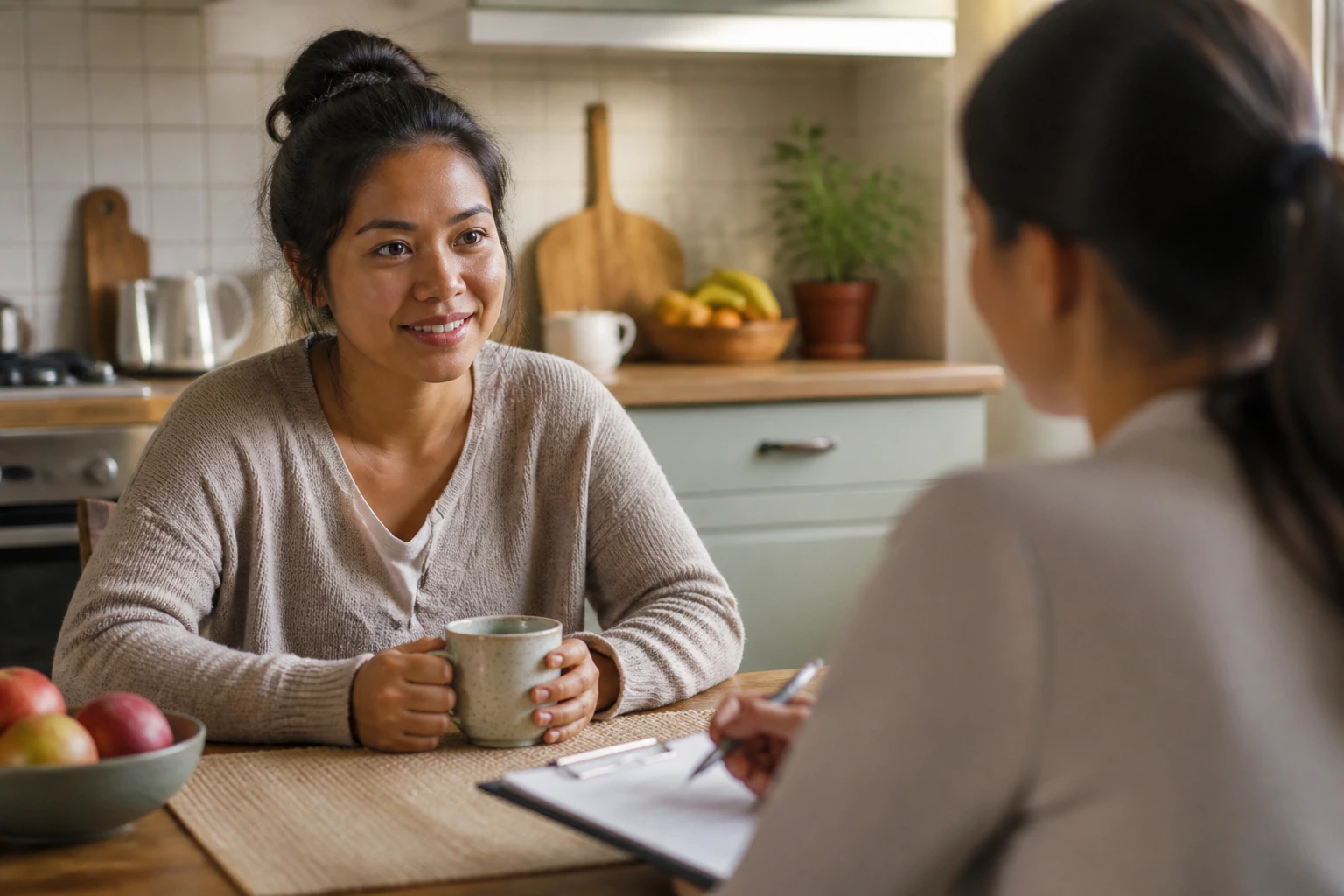 Caregiver in a kitchen during an intimate interview setting for nanny roles