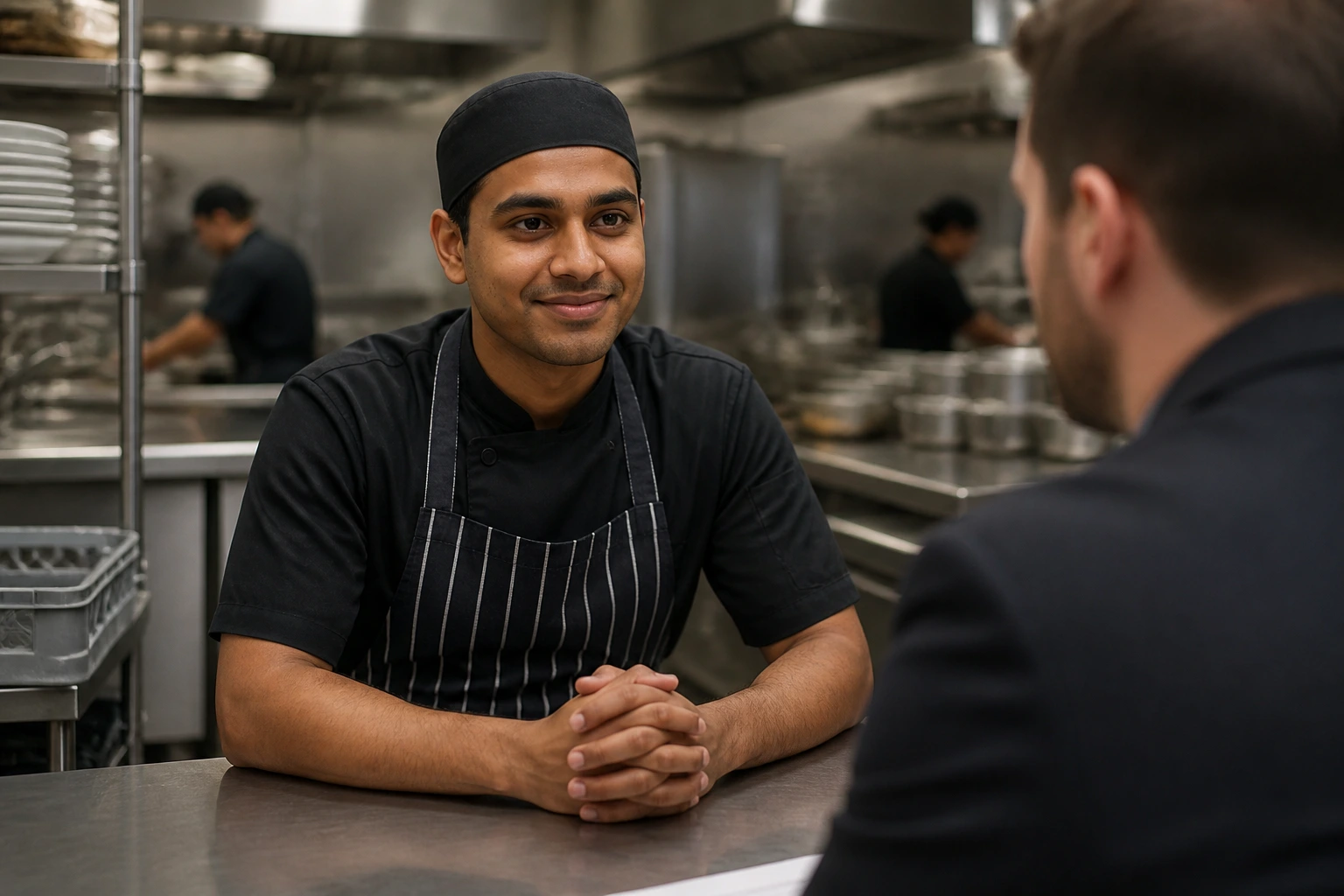 Portrait of a candidate in kitchen attire during an interview with a busy kitchen blurred behind