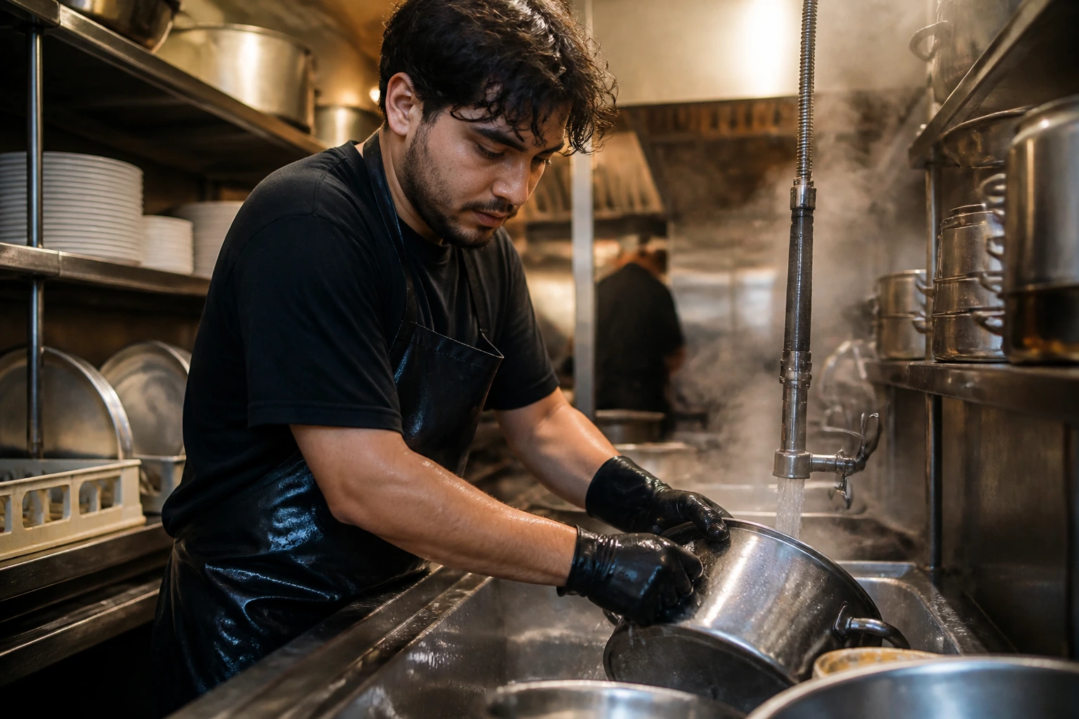 Close-up of a kitchen porter washing pots in a busy UK kitchen, steam and stainless steel visible