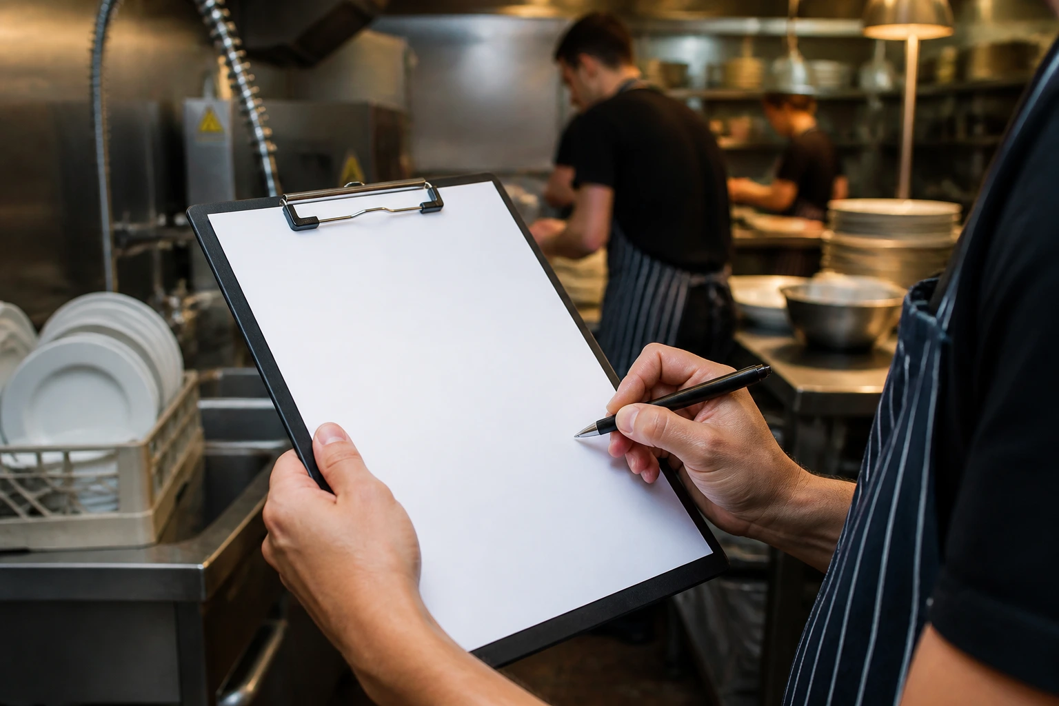 Close-up of a kitchen worker holding a blank resume clipboard in a busy Australian kitchen