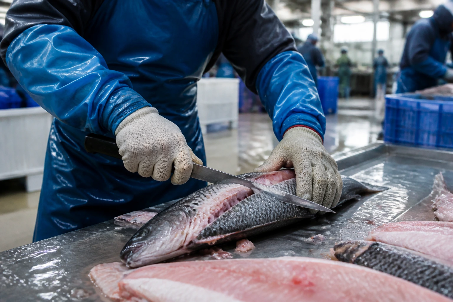 Close-up of hands filleting fish in a processing plant