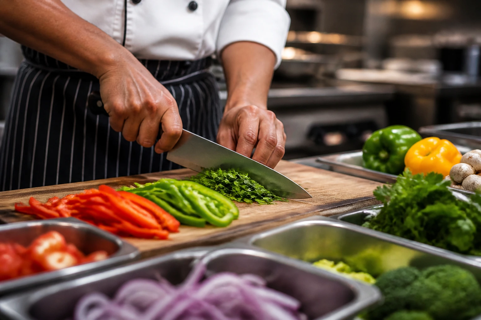 Close-up of hands knife skills in a busy kitchen prep area