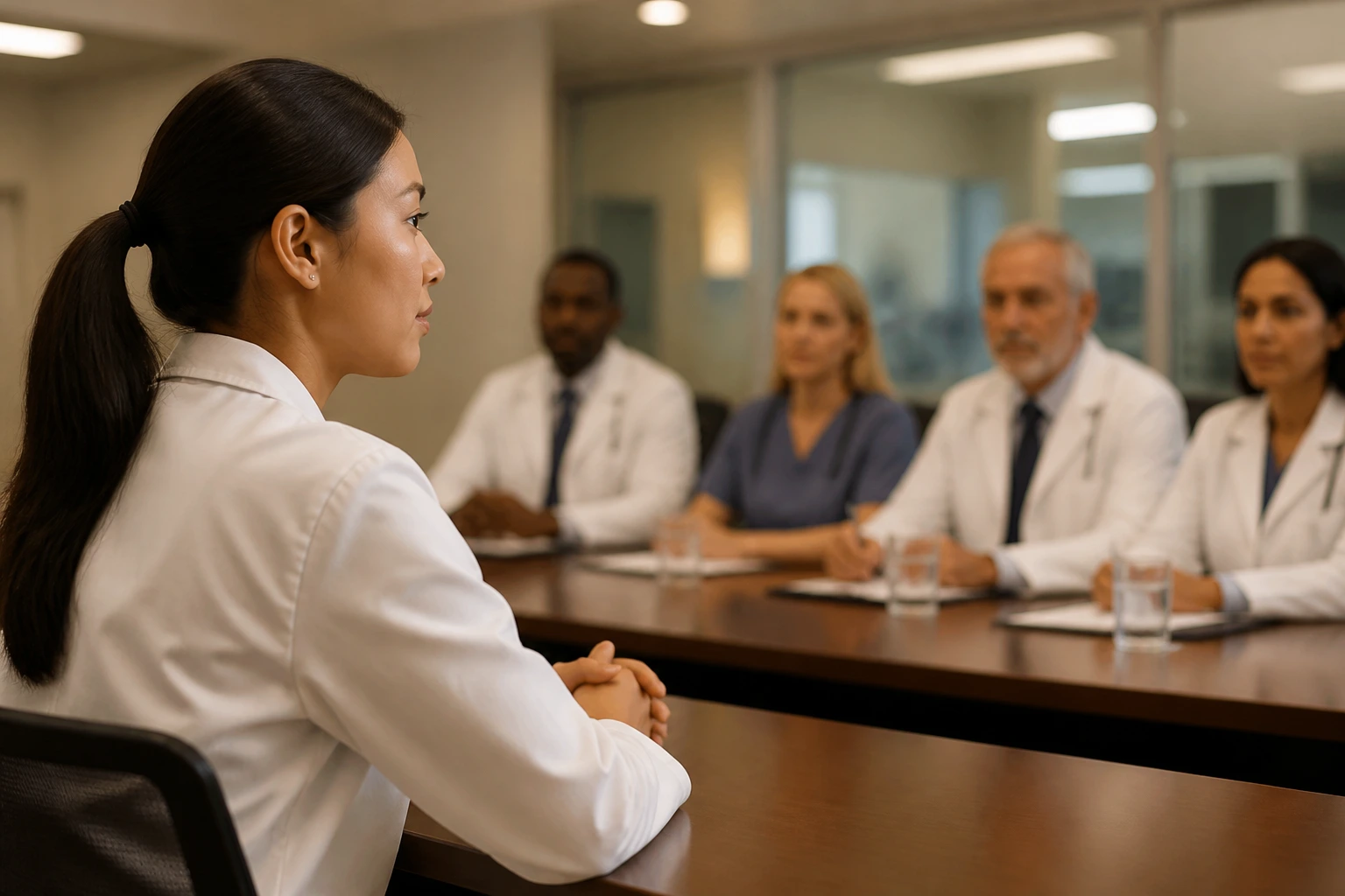 Lab professional during a panel interview in a hospital setting