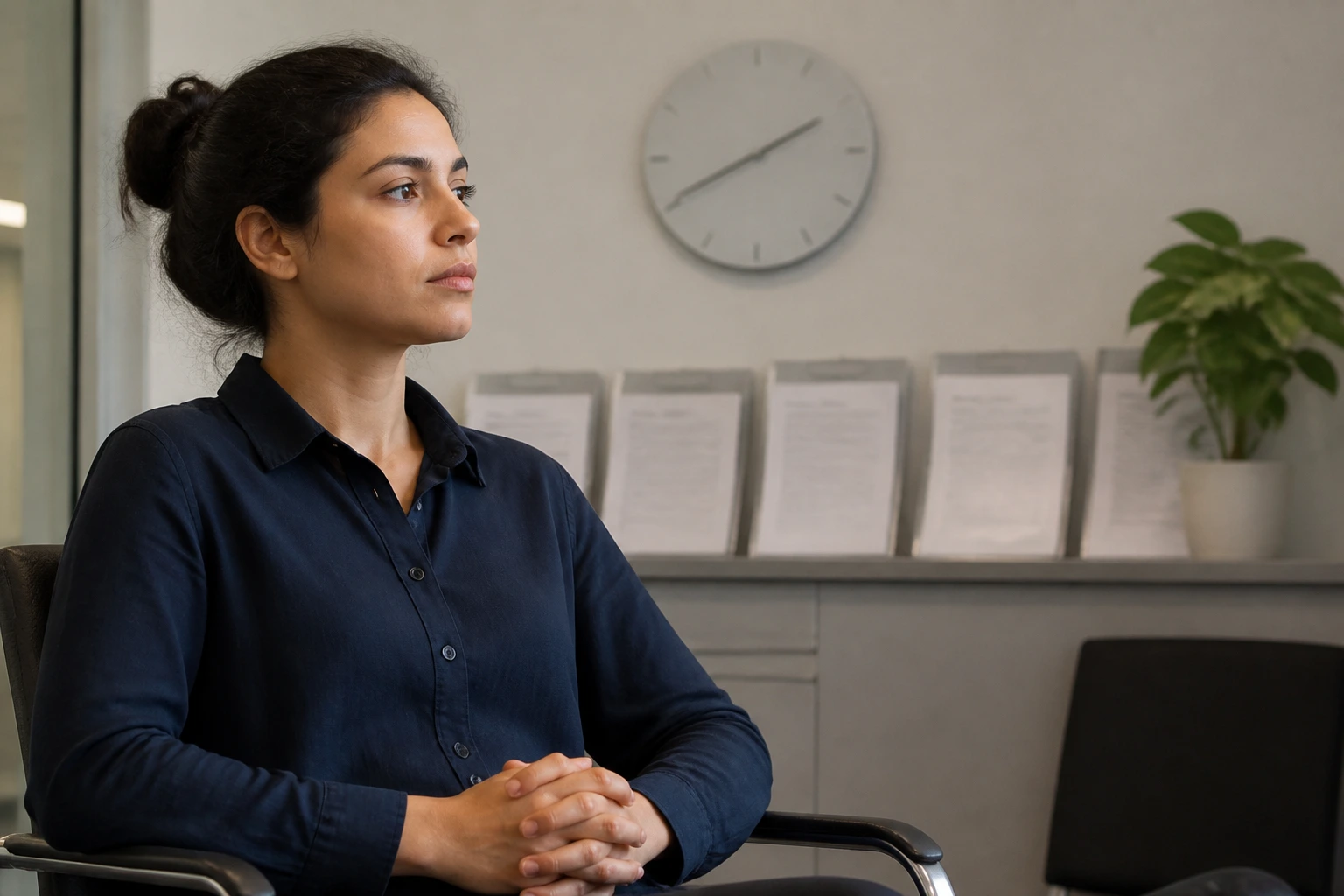 Person waiting in an office for sponsorship process with a digit-free clock on the wall