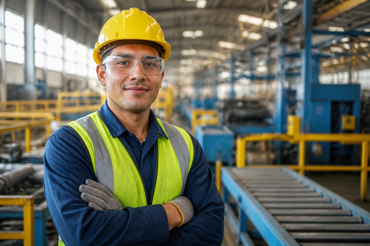 Factory worker on plant floor wearing safety gear with confident expression