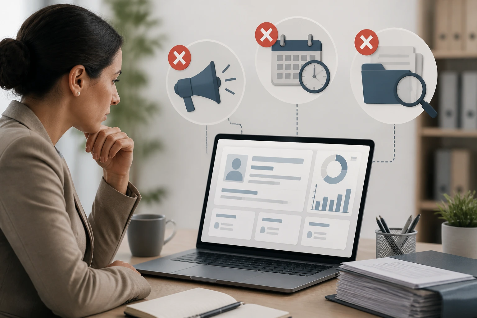 HR professional evaluating an abstract job-ad interface on a laptop (no readable text)