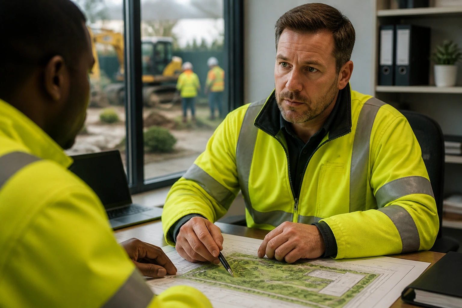 Close-up of a landscaper in hi-vis gear in an office-like site environment