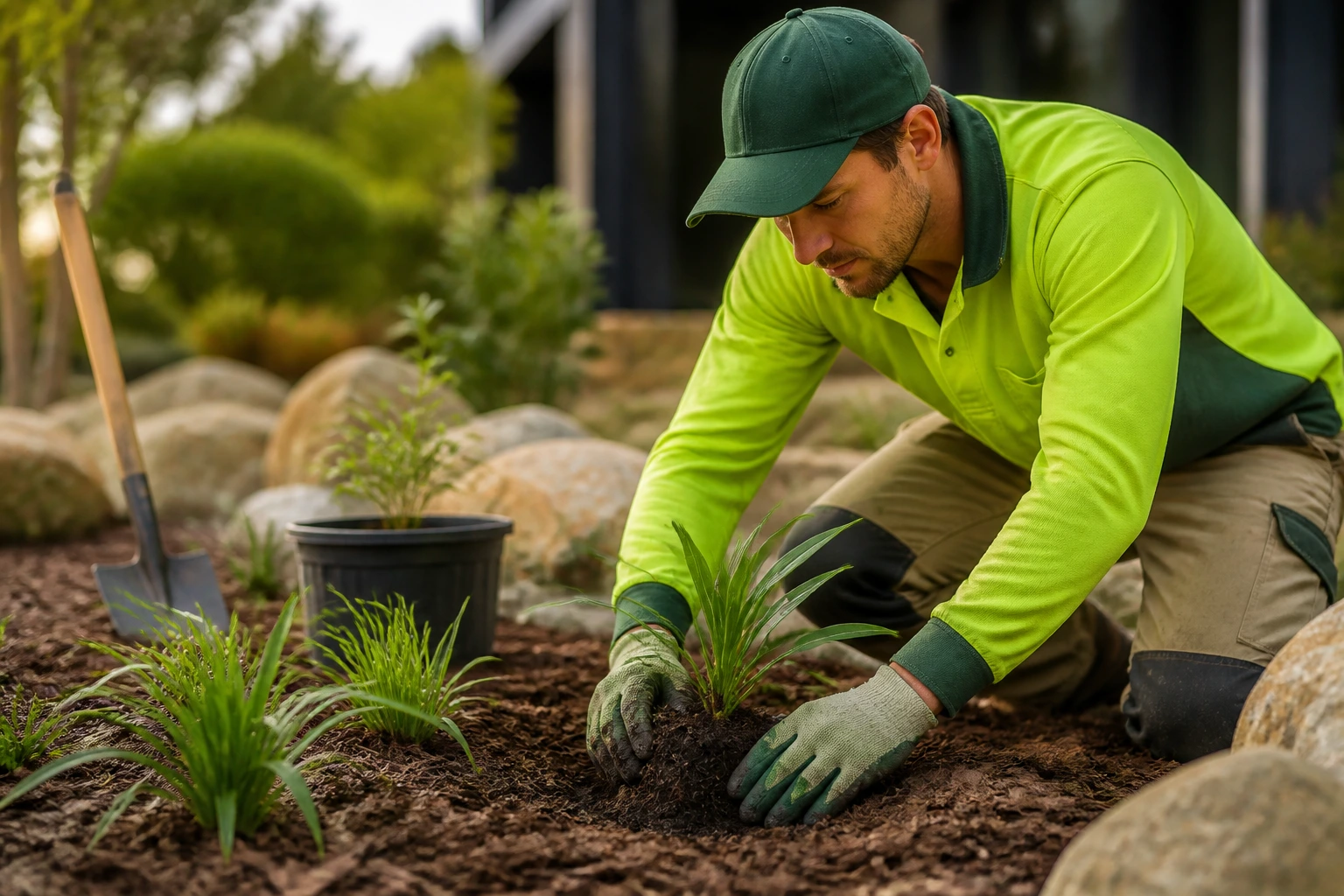 Close-up of a landscape gardener working on planting on an outdoor site