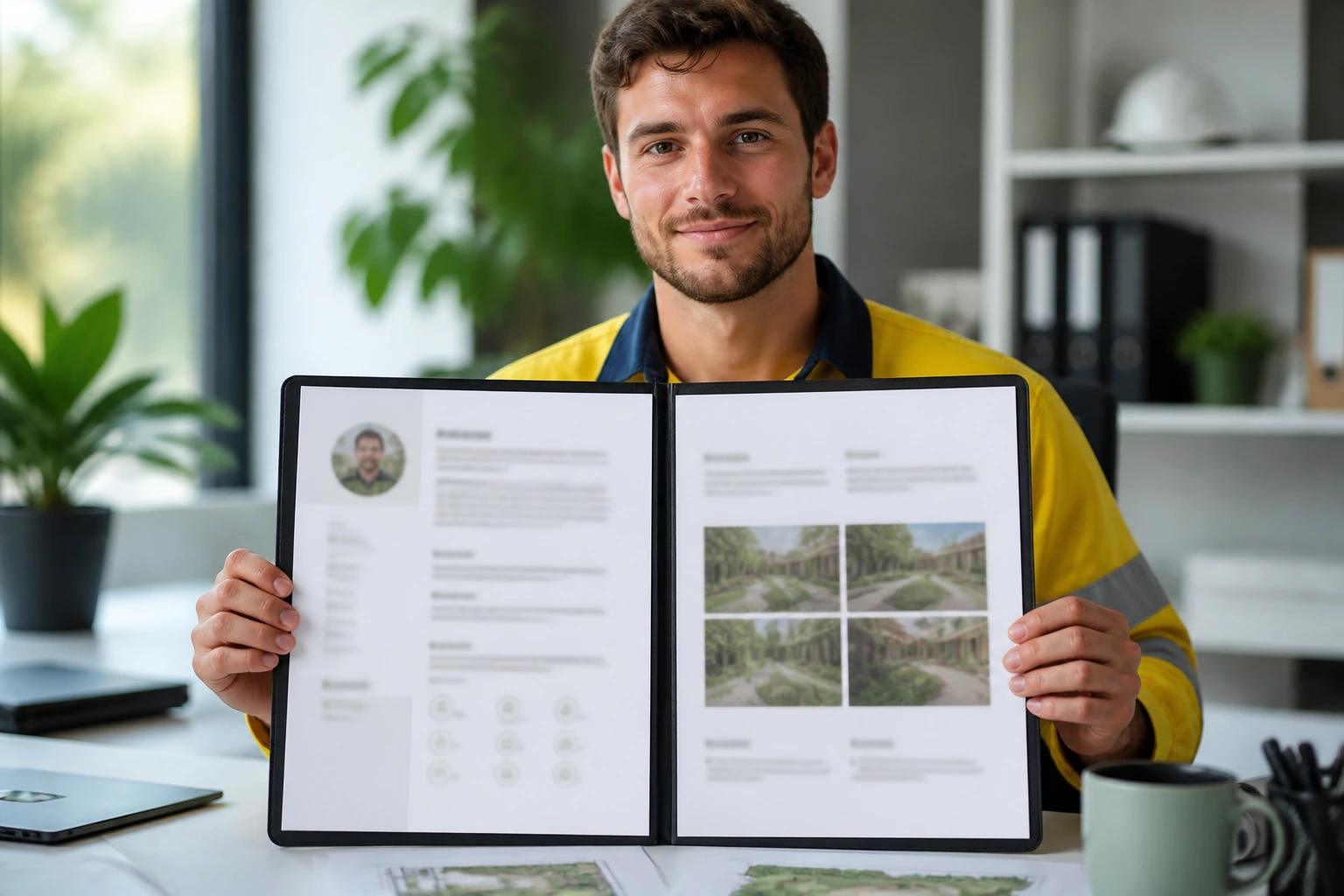 Portrait of a person with a blurred resume portfolio in a bright office