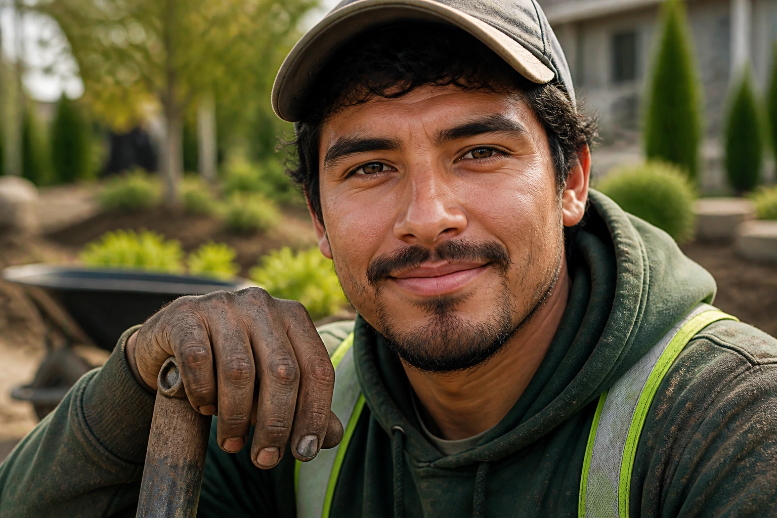 Close-up portrait of a landscaping job candidate in rugged outdoor wear on a real job site.