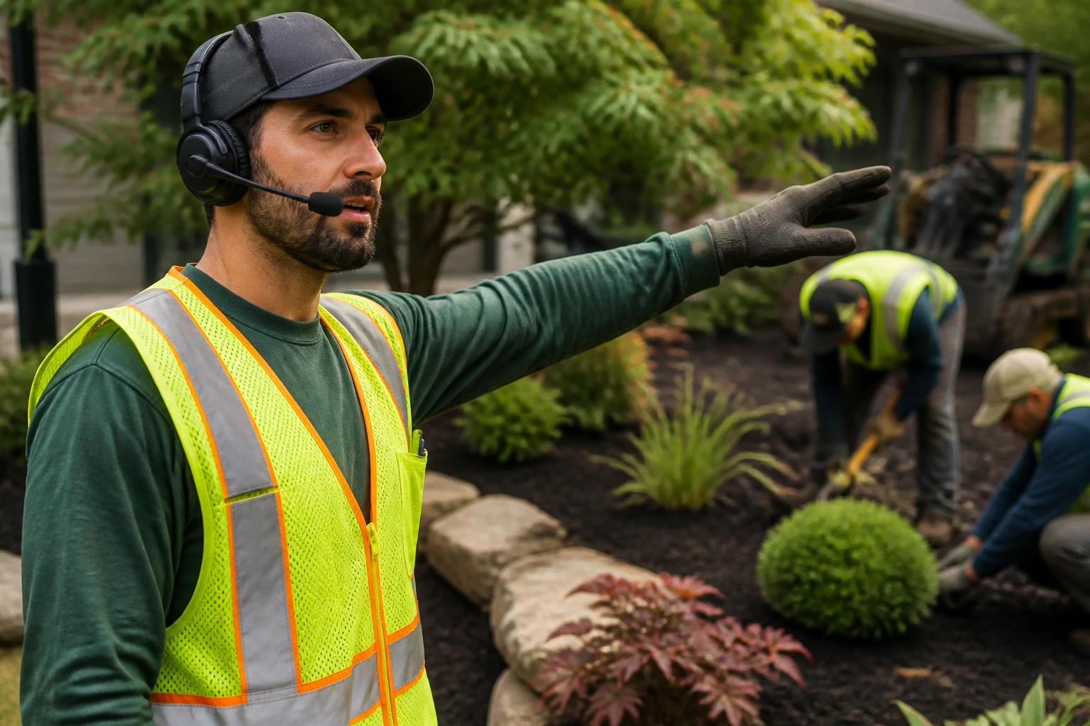Landscaping crew lead directing a worksite