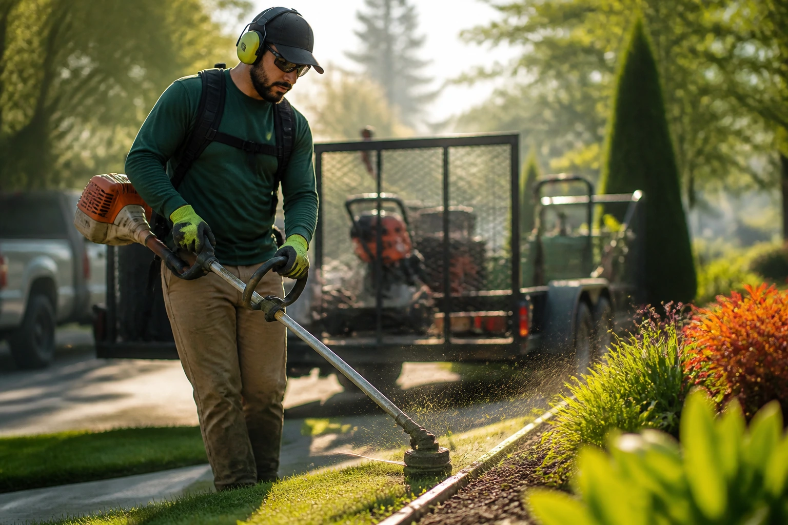 Single landscaper in action trimming along a lawn