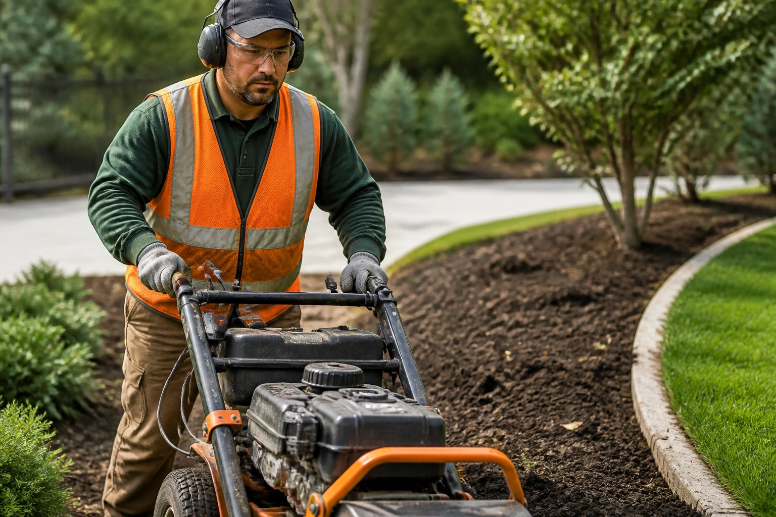 Close-up of a landscaper operating equipment with safety gear on an outdoor site.
