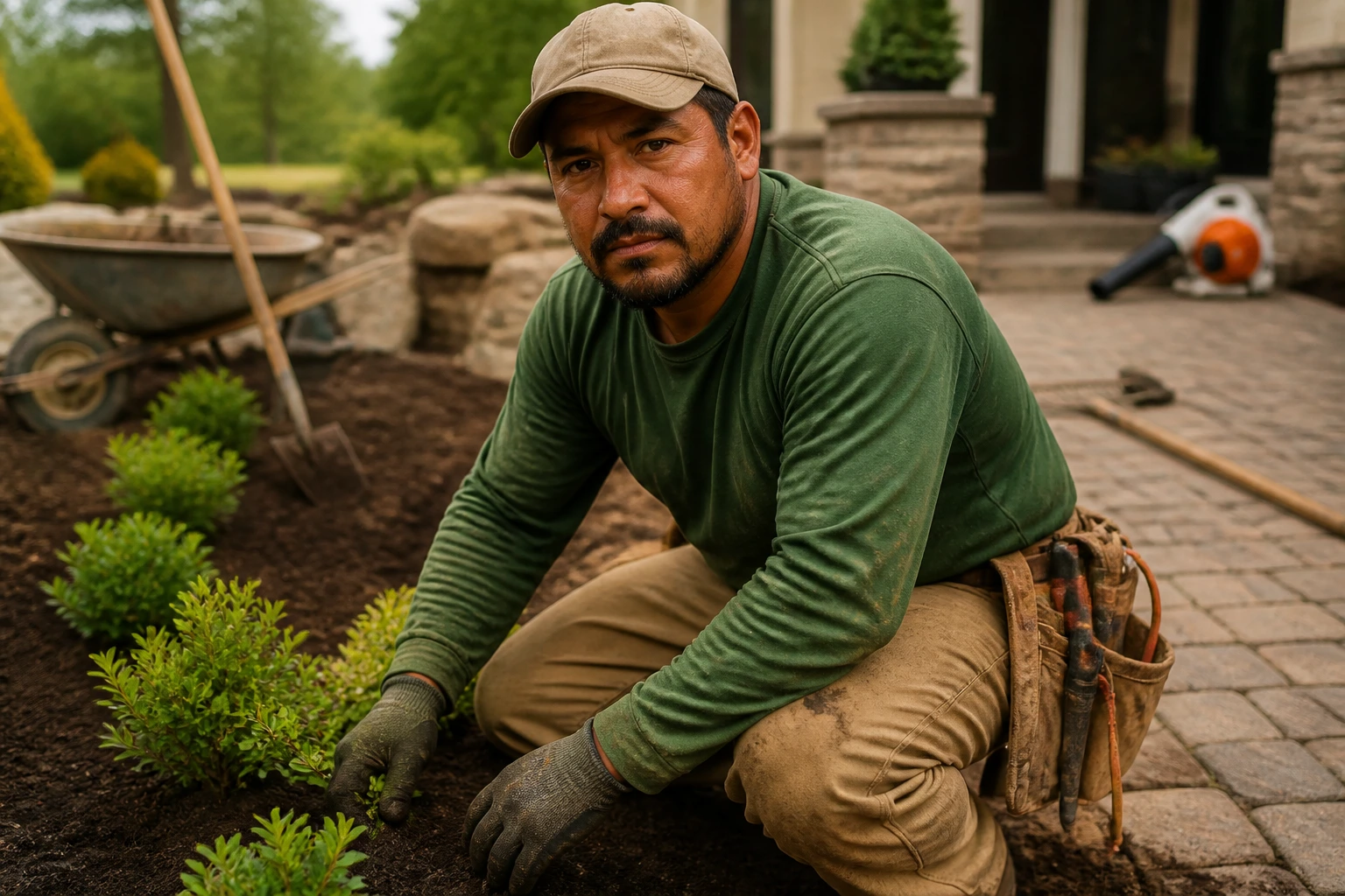 Landscaper in work gear at a job site