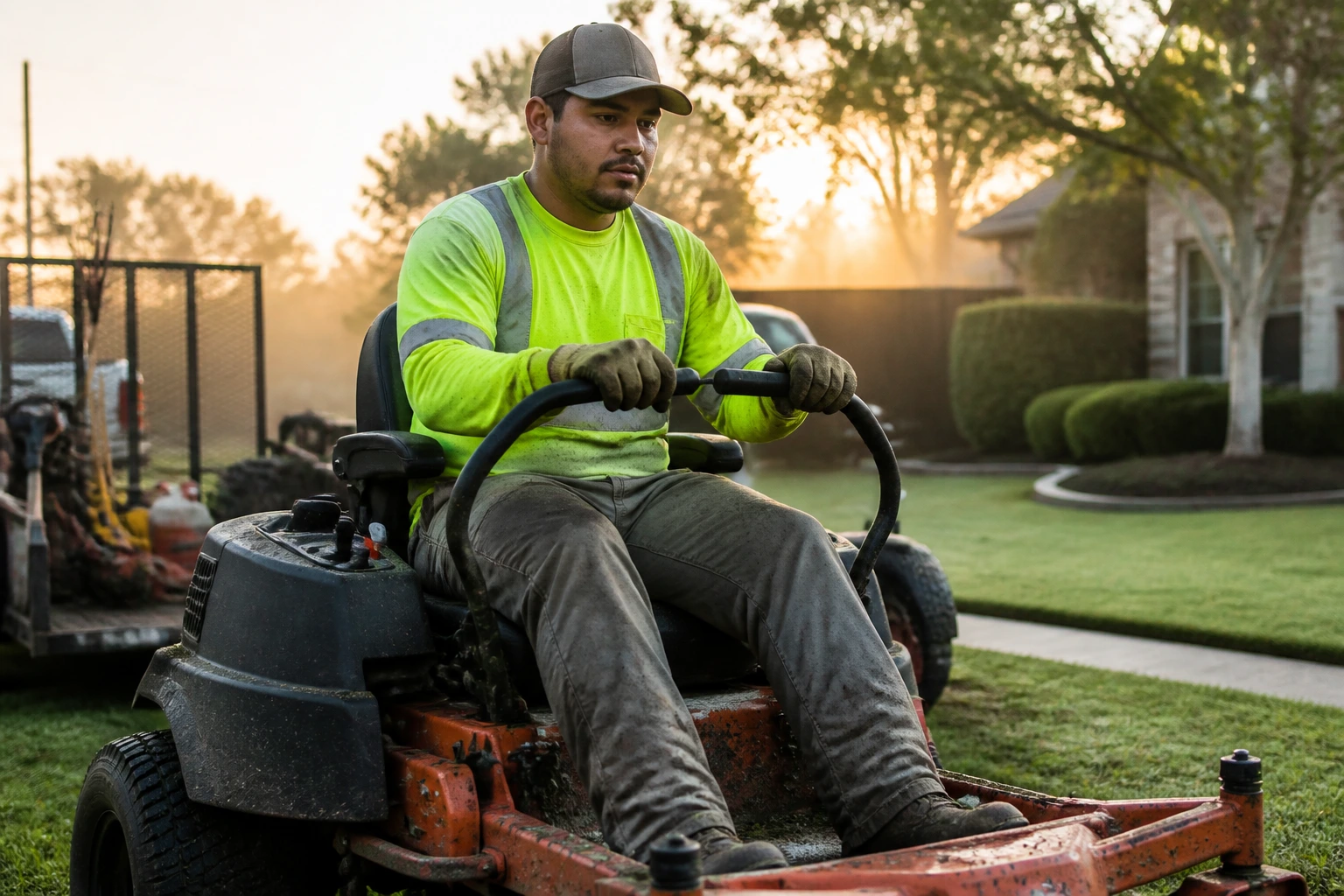 Medium-close portrait of a landscaper operating a mower at dawn