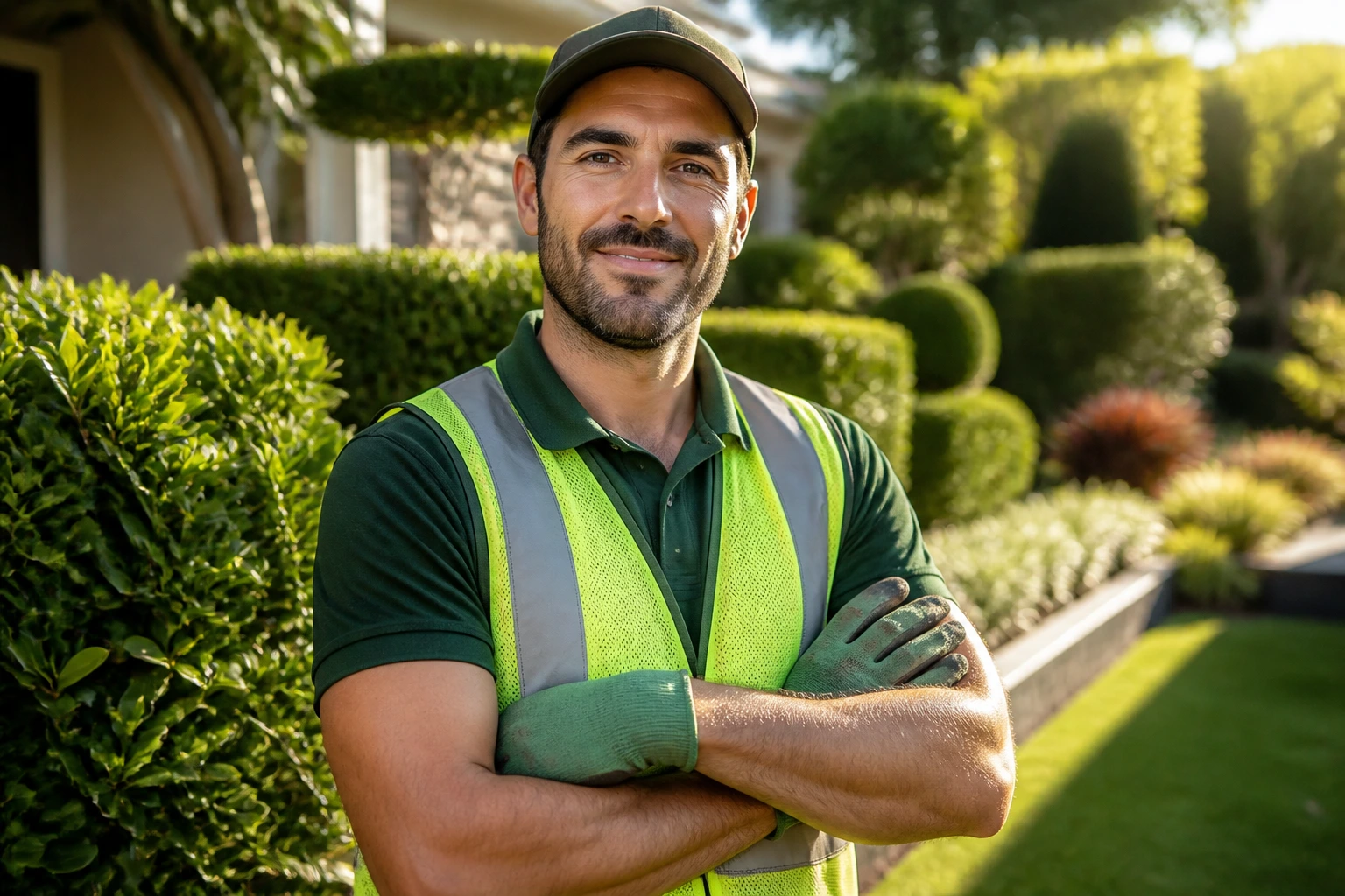 Portrait of a landscape gardener in safety gear in a sunlit garden