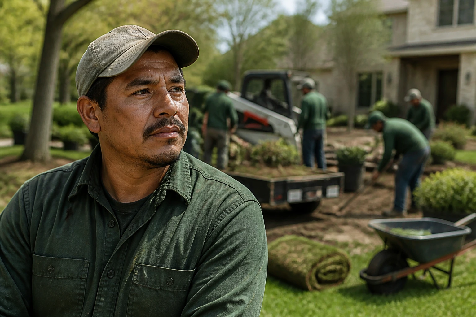 Seasoned landscaper on an outdoor job site reflecting on season cleanup