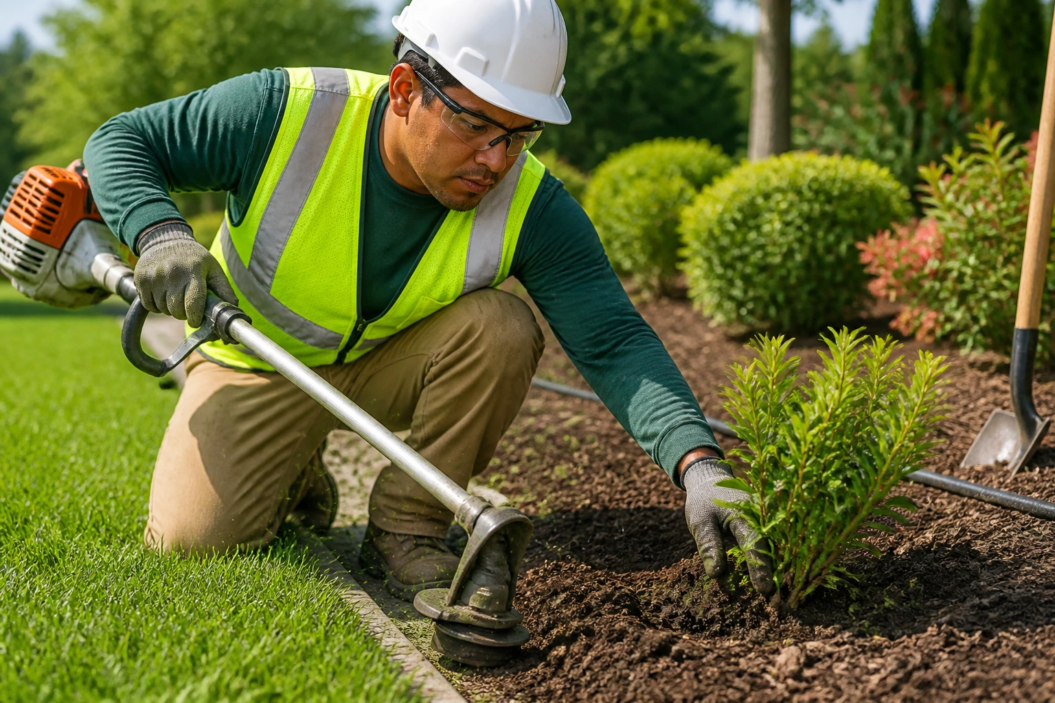 Foreigner landscaper demonstrating mower operation and planting