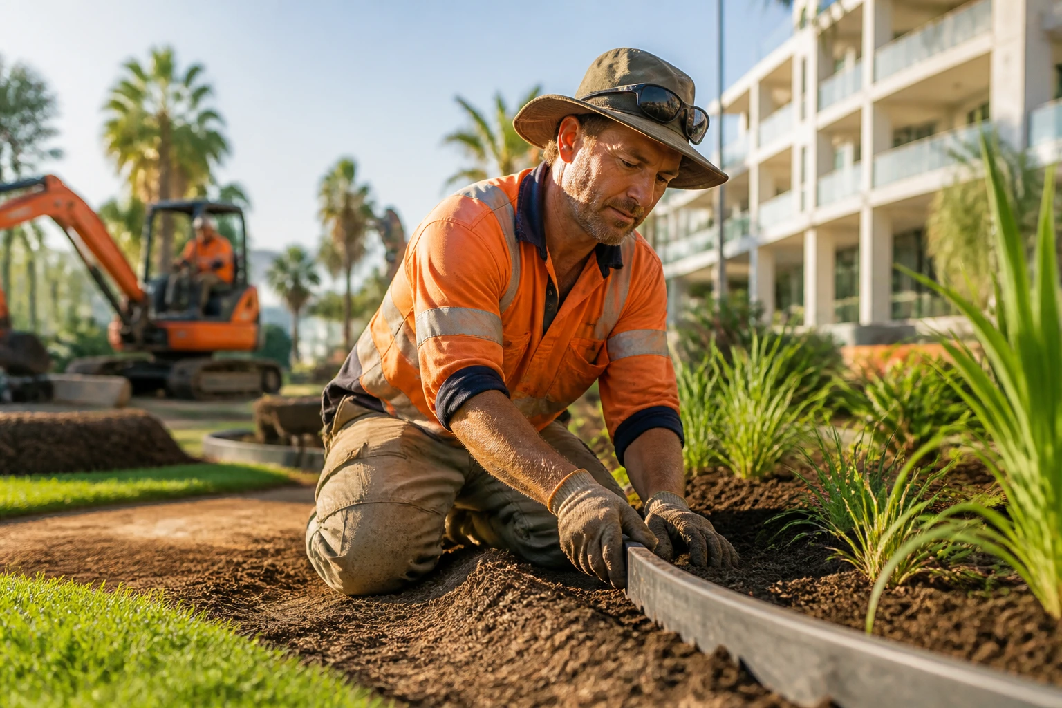 Close-up of a landscaper in hi-vis on an outdoor Australian site