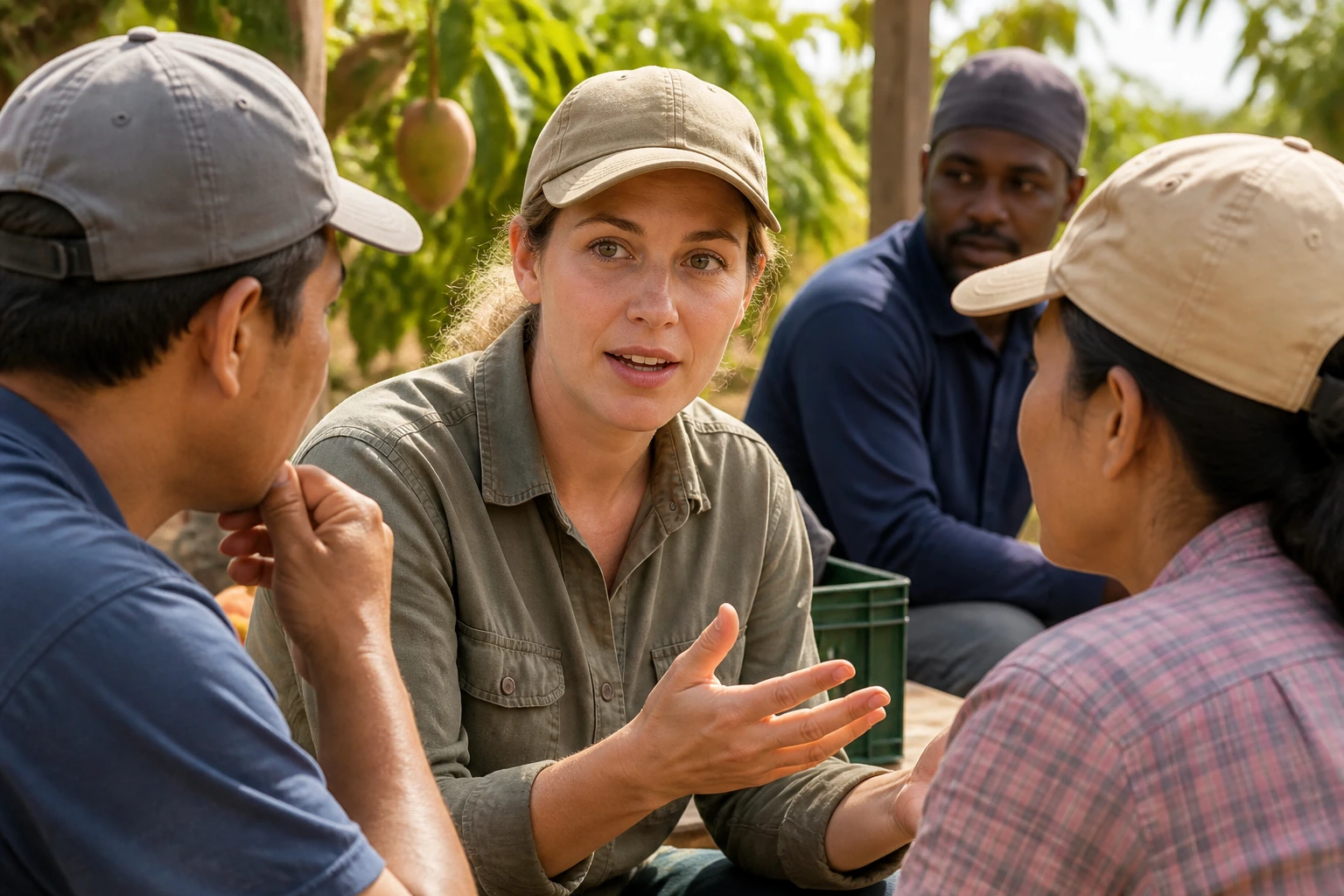 Person communicating with a diverse group of colleagues outdoors