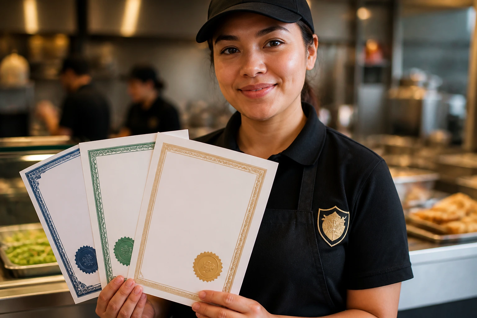 Food service worker with certification badge in a kitchen