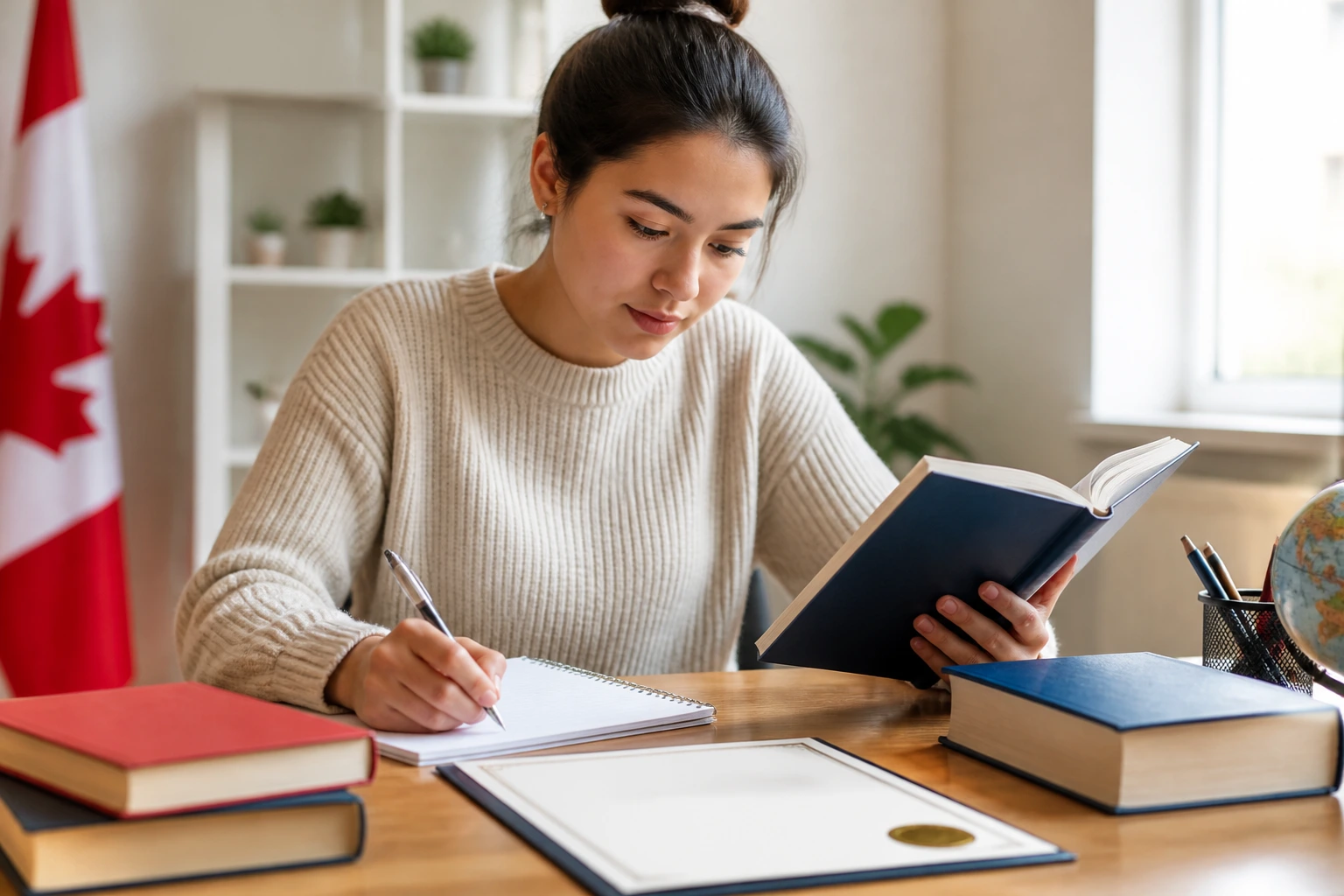 Real person studying language materials and training certificate, emphasizing language and education requirements