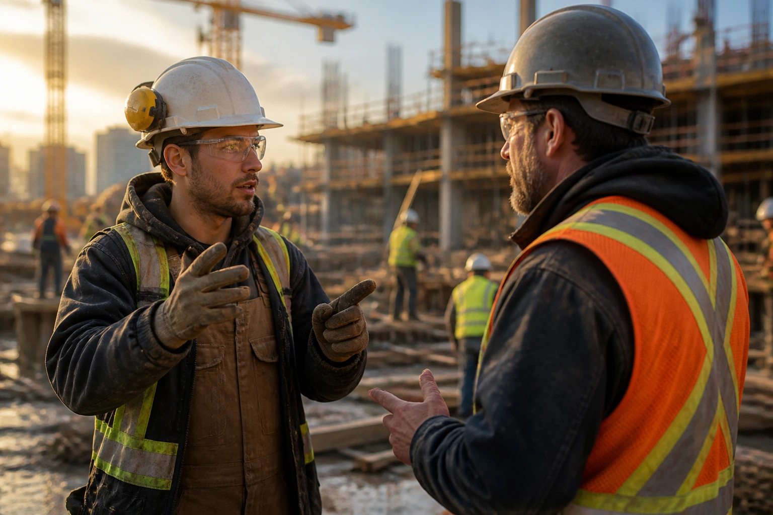Construction worker on a noisy site communicating with a foreman