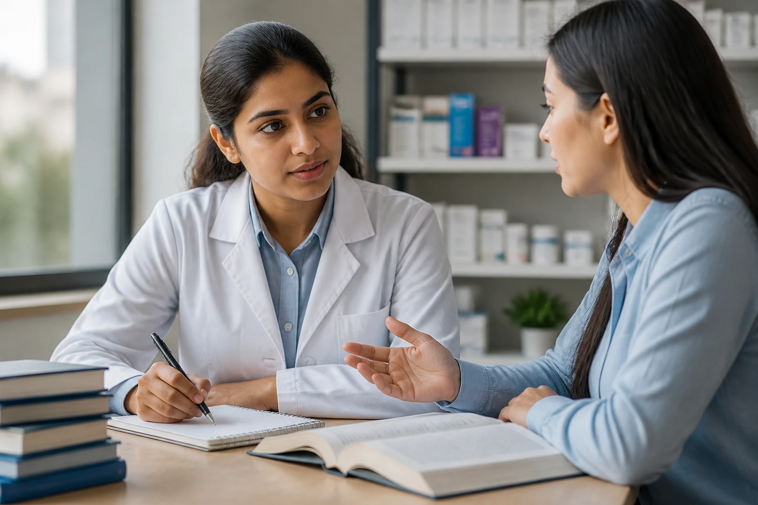 Pharmacist in language study setting focusing on proficiency requirements