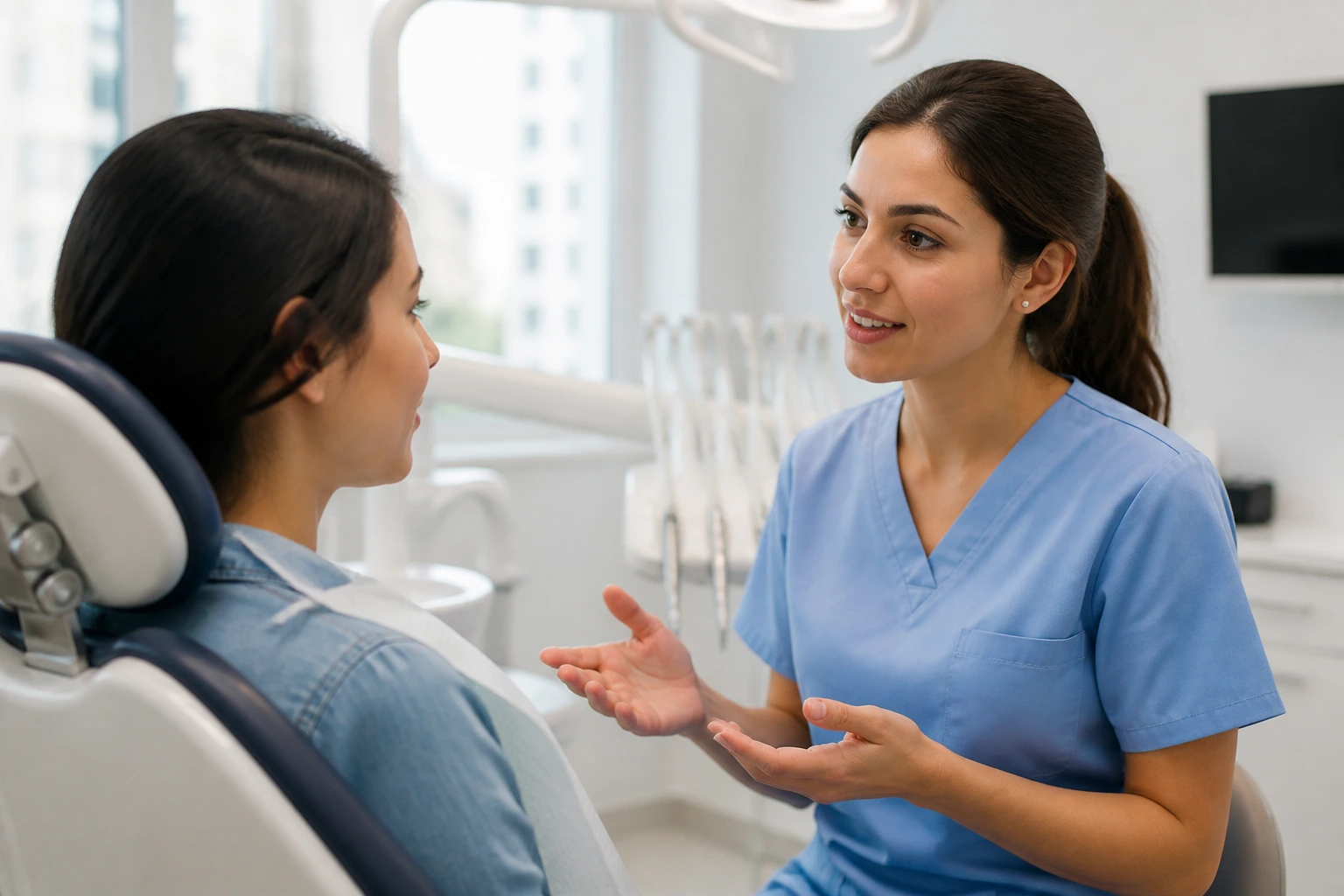 Dental clinician communicating with patient in clinic