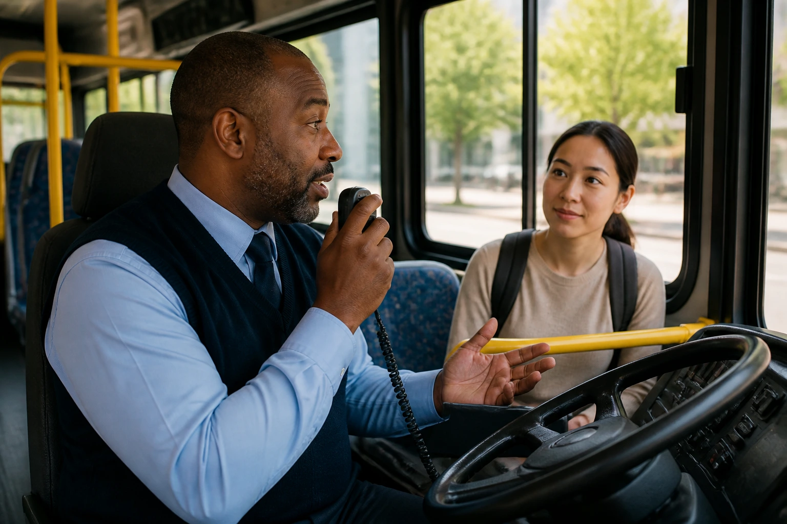 Bus driver communicating clearly with dispatch inside the cabin