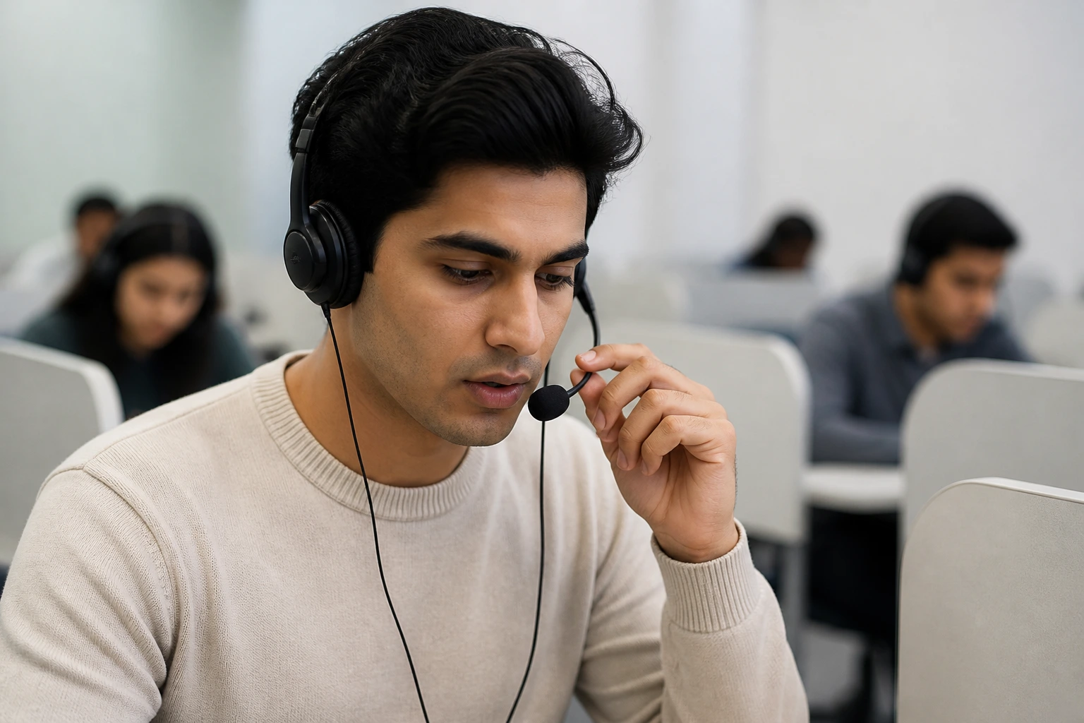 Person speaking into a headset in an exam room